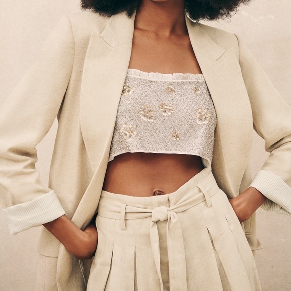 Zara Linen Relaxed Cuff Blazer - Picture 3 of 15